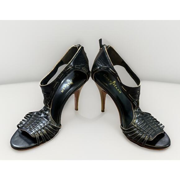 Cole Haan Women’s Black Leather Open Toe Heels Size 6B - Ankle zip - Picture 6 of 7